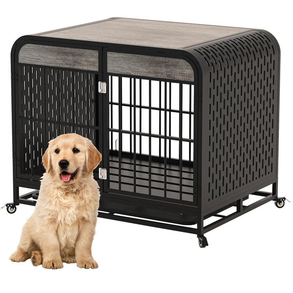 HKM-612499 Heavy Duty Wooden Dog Crate Table with Removable Tray and Lockable Wheels for Small Pets - 33 Inch Grey