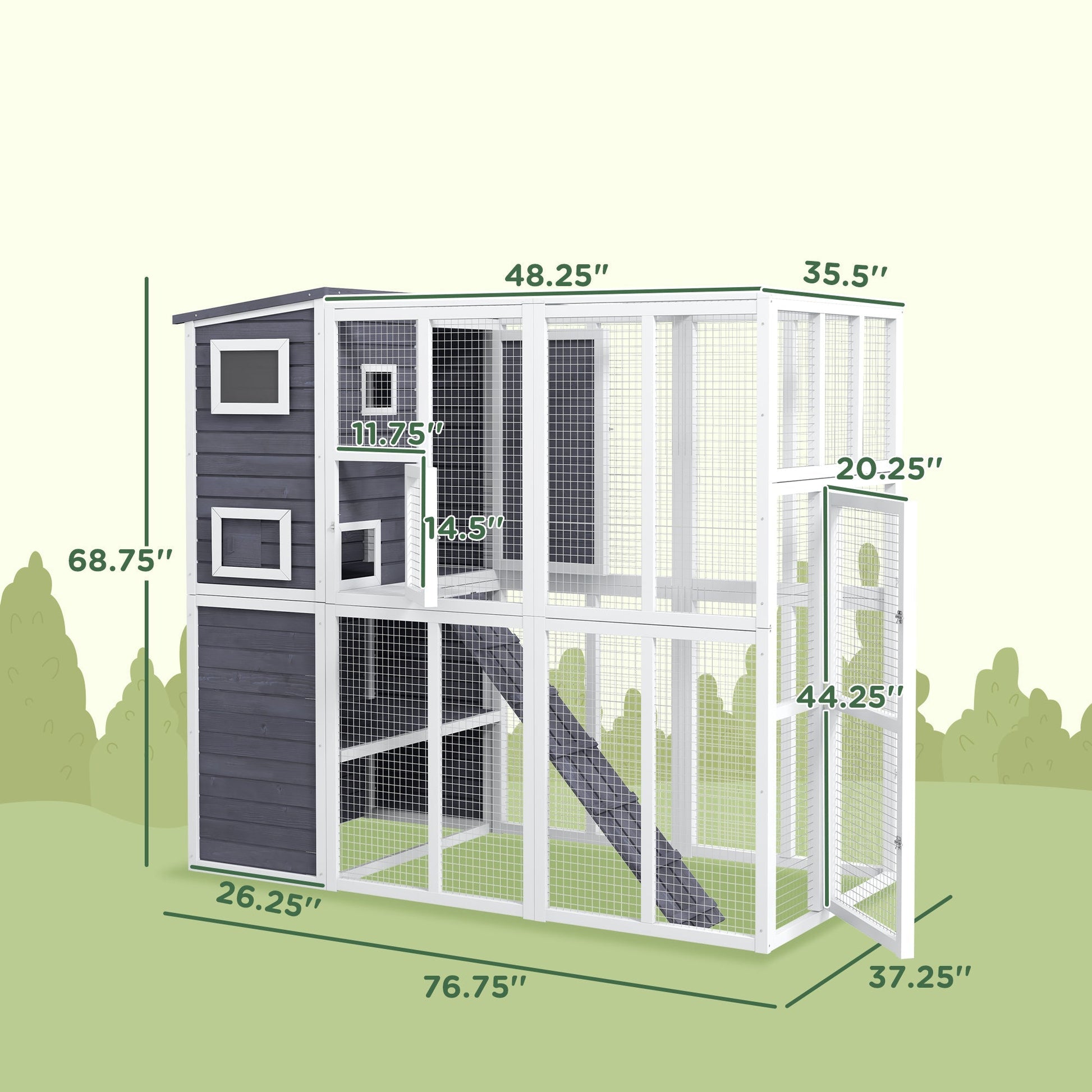 HKM-6126909 Luxury Light Gray Wooden Outdoor Cat Catio with 4 Stories, Ramps, and Windows