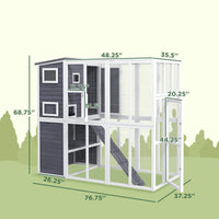 HKM-6126909 Luxury Light Gray Wooden Outdoor Cat Catio with 4 Stories, Ramps, and Windows