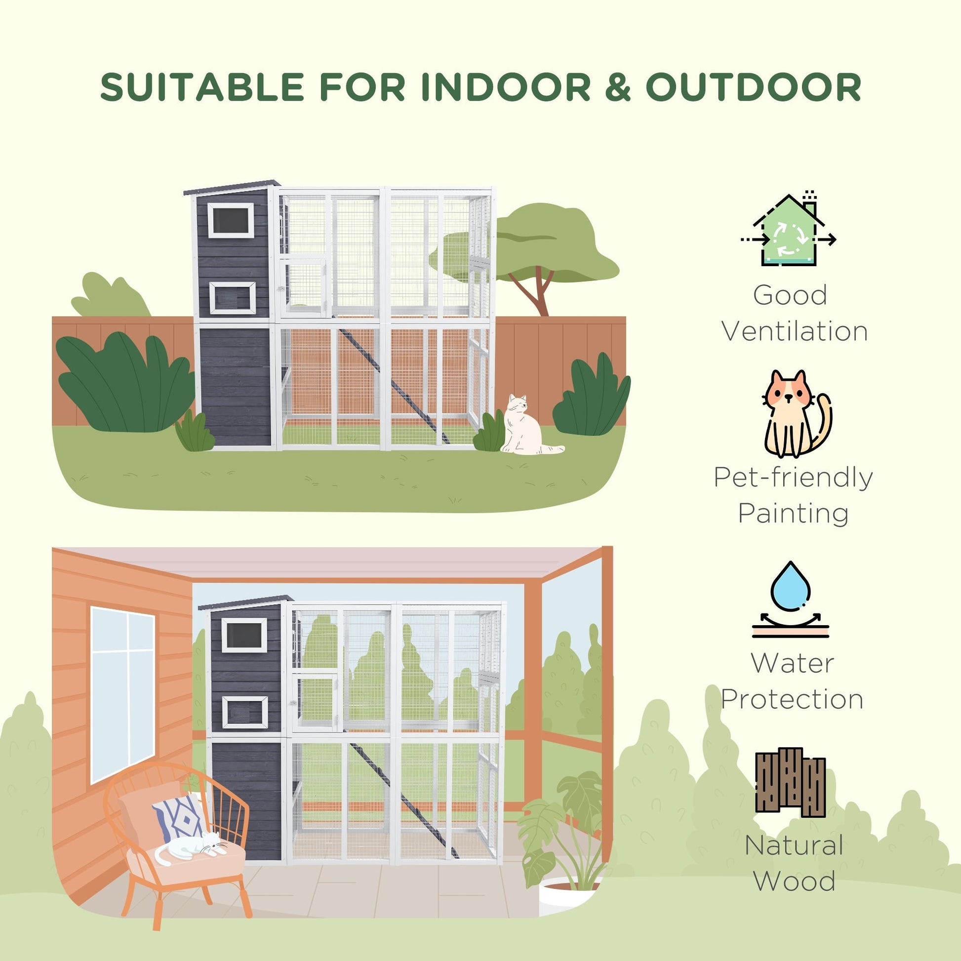 HKM-6126909 Luxury Light Gray Wooden Outdoor Cat Catio with 4 Stories, Ramps, and Windows