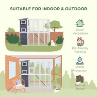 HKM-6126909 Luxury Light Gray Wooden Outdoor Cat Catio with 4 Stories, Ramps, and Windows