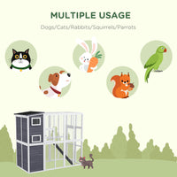 HKM-6126909 Luxury Light Gray Wooden Outdoor Cat Catio with 4 Stories, Ramps, and Windows