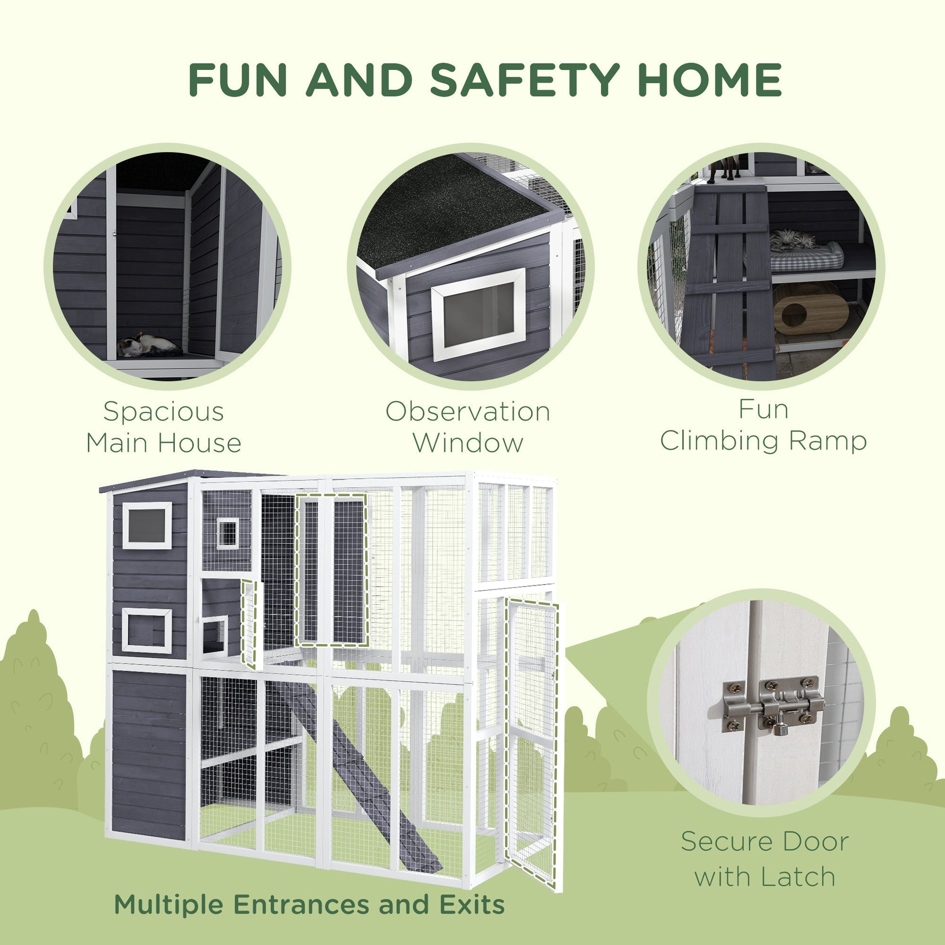 HKM-6126909 Luxury Light Gray Wooden Outdoor Cat Catio with 4 Stories, Ramps, and Windows