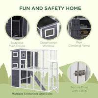 HKM-6126909 Luxury Light Gray Wooden Outdoor Cat Catio with 4 Stories, Ramps, and Windows
