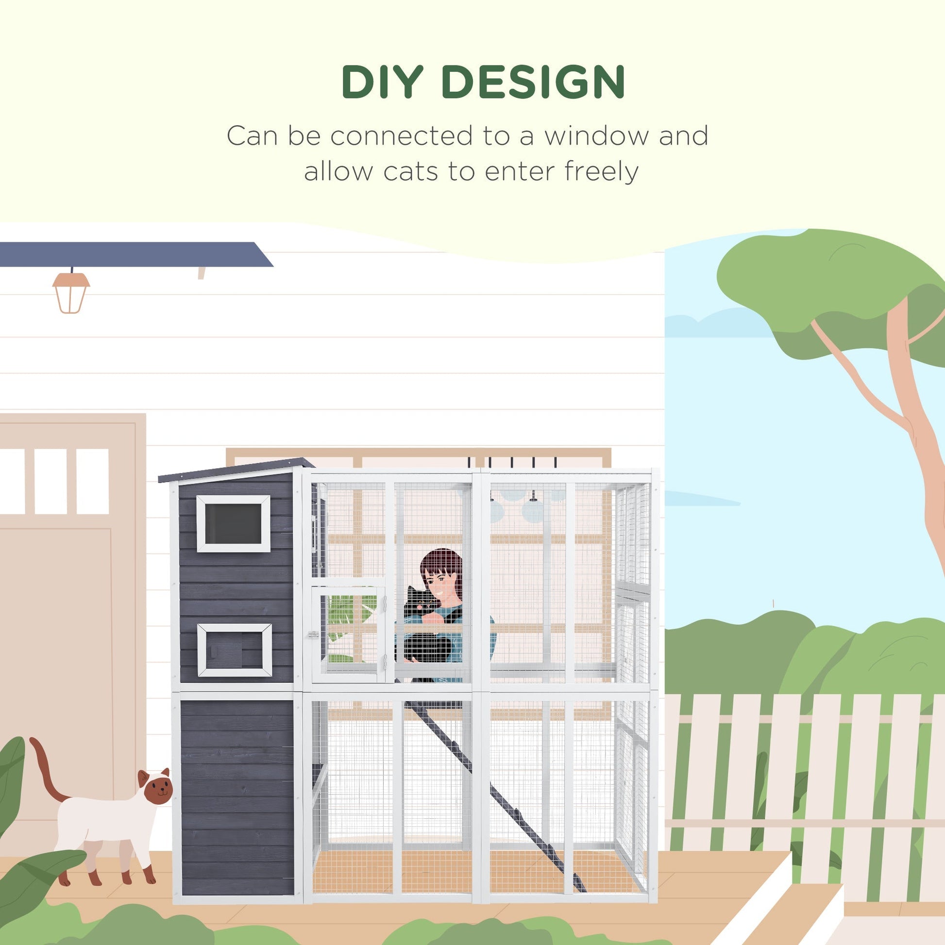 HKM-6126909 Luxury Light Gray Wooden Outdoor Cat Catio with 4 Stories, Ramps, and Windows