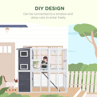 HKM-6126909 Luxury Light Gray Wooden Outdoor Cat Catio with 4 Stories, Ramps, and Windows
