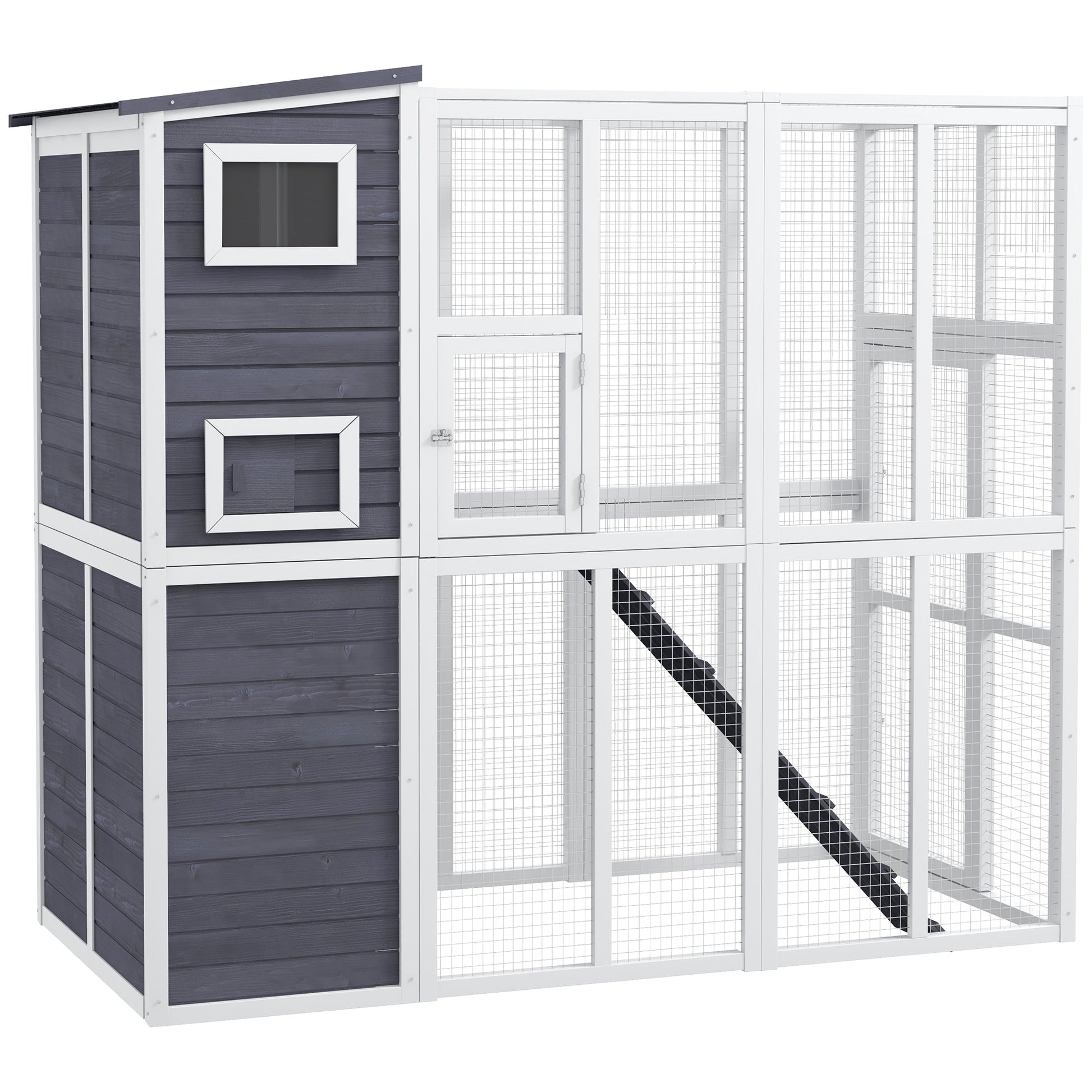 HKM-6126909 Luxury Light Gray Wooden Outdoor Cat Catio with 4 Stories, Ramps, and Windows