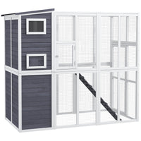 HKM-6126909 Luxury Light Gray Wooden Outdoor Cat Catio with 4 Stories, Ramps, and Windows
