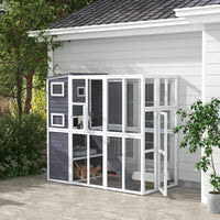 HKM-6126909 Luxury Light Gray Wooden Outdoor Cat Catio with 4 Stories, Ramps, and Windows