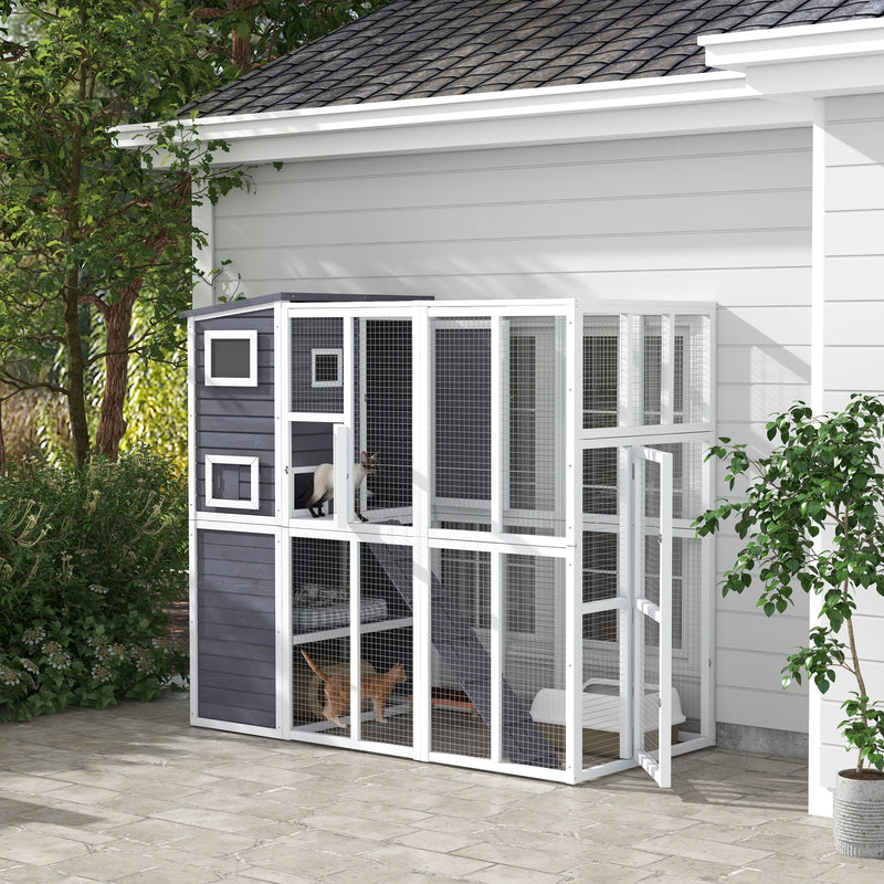 HKM-6126909 Luxury Light Gray Wooden Outdoor Cat Catio with 4 Stories, Ramps, and Windows