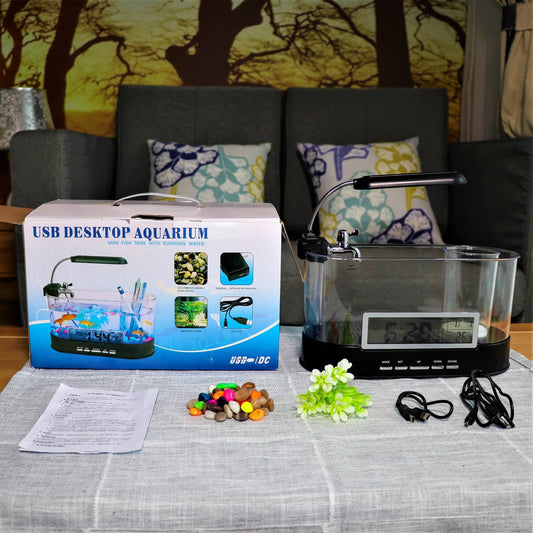 HKM-613011 Mini USB Desktop Aquarium with Time, Date, Week, Temperature & Alarm – Transparent Pen Holder