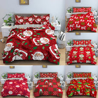 HKM-613139 Red Cartoon Santa Claus Three-Piece Digital Printed Bedspread Set for Cozy Seasonal Decor