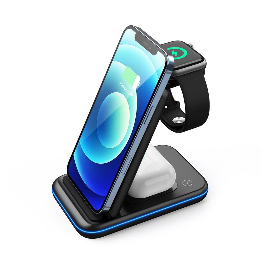 HKM-613203 Three-in-One Wireless Charging Stand with Fast Charge Technology, White/Black, TYPE-C Interface