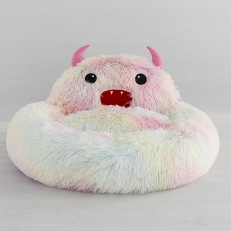 HKM-6132669 Cozy Round Plush Cat Bed with Cartoon Embroidery - Soft Winter Sleeping Mat