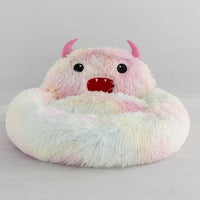 HKM-6132669 Cozy Round Plush Cat Bed with Cartoon Embroidery - Soft Winter Sleeping Mat