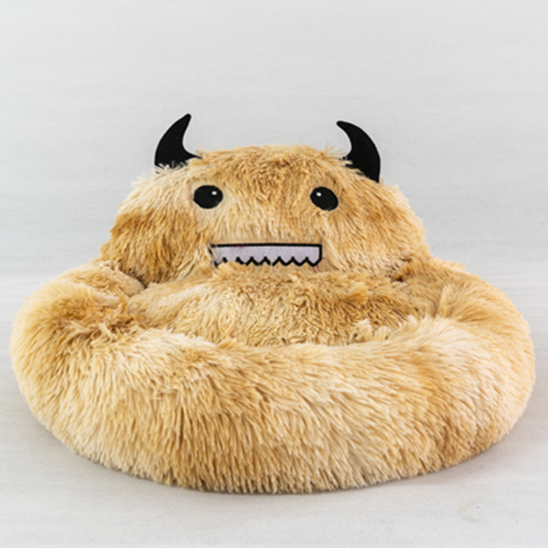 HKM-6132669 Cozy Round Plush Cat Bed with Cartoon Embroidery - Soft Winter Sleeping Mat