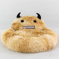 HKM-6132669 Cozy Round Plush Cat Bed with Cartoon Embroidery - Soft Winter Sleeping Mat