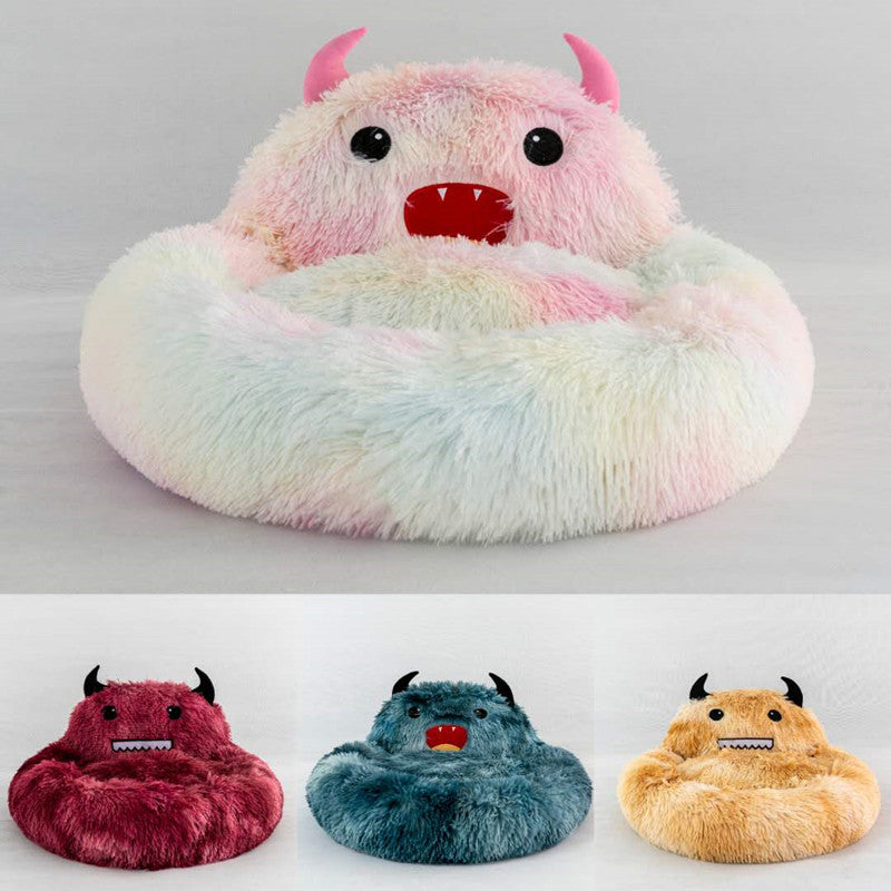 HKM-6132669 Cozy Round Plush Cat Bed with Cartoon Embroidery - Soft Winter Sleeping Mat