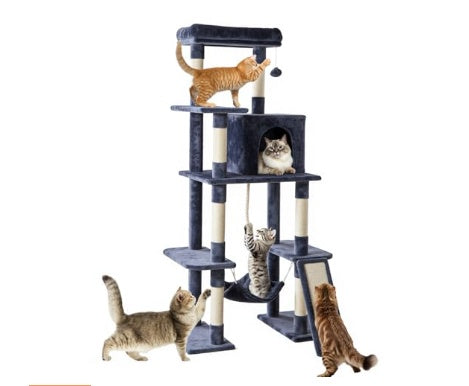 HKM-6134077 Multi-Story Cat Tree Tower with Hammock, Scratching Posts, and Extended Platform for Multiple Cats