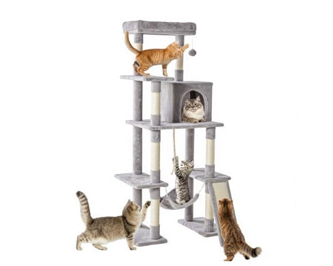 HKM-6134077 Multi-Story Cat Tree Tower with Hammock, Scratching Posts, and Extended Platform for Multiple Cats