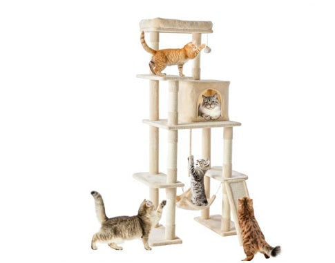 HKM-6134077 Multi-Story Cat Tree Tower with Hammock, Scratching Posts, and Extended Platform for Multiple Cats