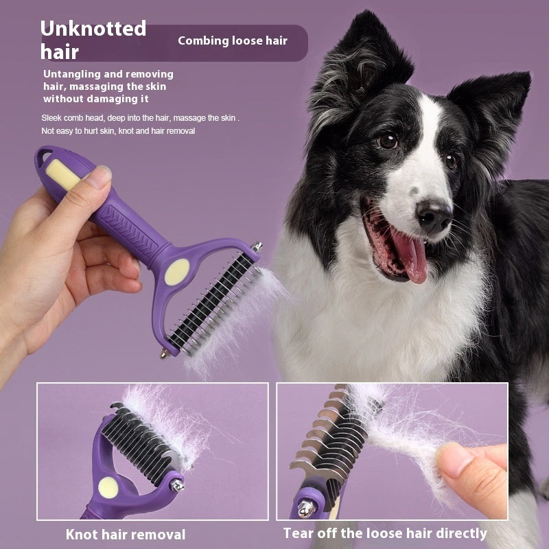HKM-6134205 Double-Sided Knot Untying Comb for Dogs and Cats - Purple Plastic Pet Grooming Tool