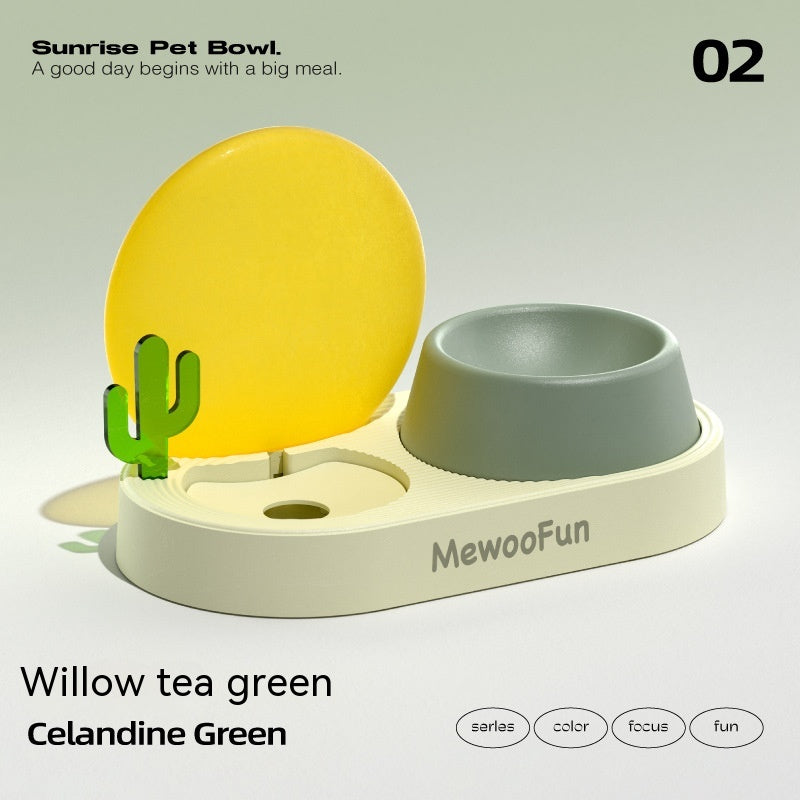 HKM-6134589 Cat Plastic Double Bowl Set - Water and Rice Basin with Kettle and Spoon in Light Wisteria and Willow Green Tea