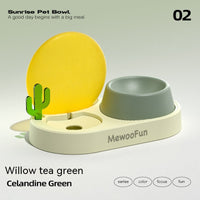 HKM-6134589 Cat Plastic Double Bowl Set - Water and Rice Basin with Kettle and Spoon in Light Wisteria and Willow Green Tea