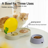 HKM-6134589 Cat Plastic Double Bowl Set - Water and Rice Basin with Kettle and Spoon in Light Wisteria and Willow Green Tea