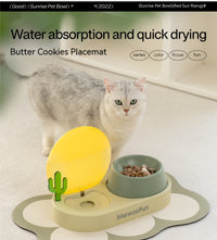HKM-6134589 Cat Plastic Double Bowl Set - Water and Rice Basin with Kettle and Spoon in Light Wisteria and Willow Green Tea