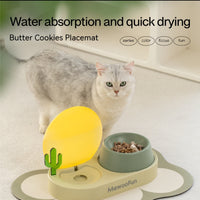HKM-6134589 Cat Plastic Double Bowl Set - Water and Rice Basin with Kettle and Spoon in Light Wisteria and Willow Green Tea