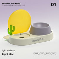 HKM-6134589 Cat Plastic Double Bowl Set - Water and Rice Basin with Kettle and Spoon in Light Wisteria and Willow Green Tea