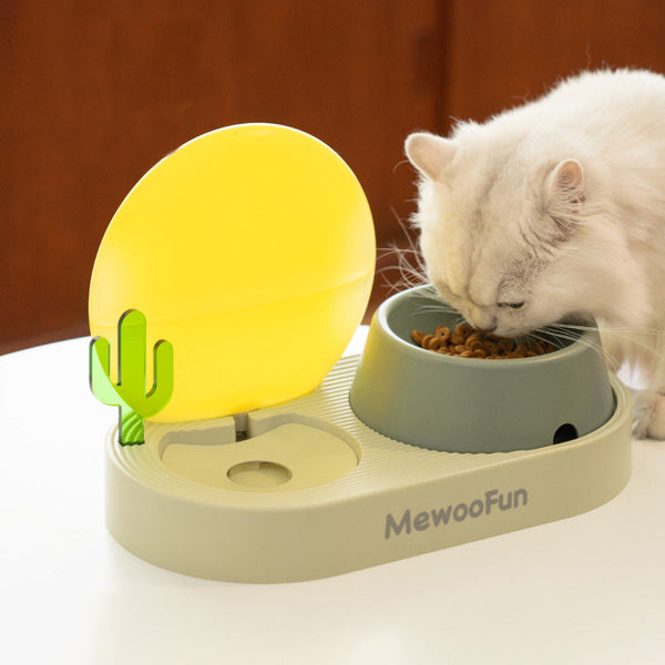 HKM-6134589 Cat Plastic Double Bowl Set - Water and Rice Basin with Kettle and Spoon in Light Wisteria and Willow Green Tea