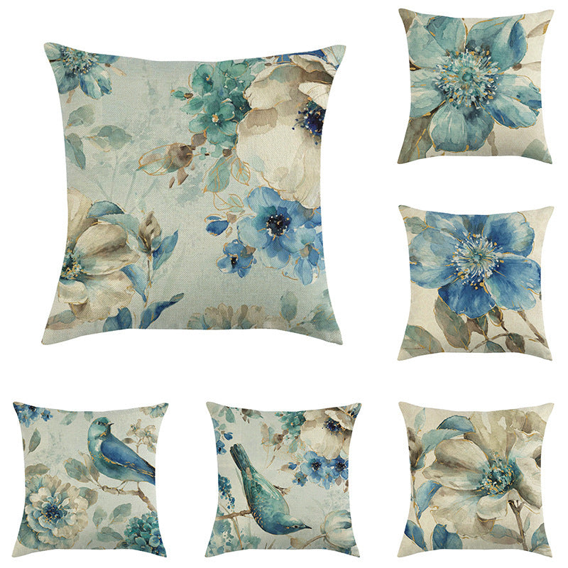 HKM-613459 Blue Oil Painting Bird and Flower Linen Pillow Cover