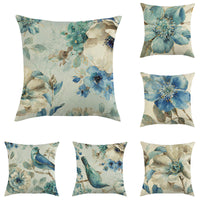 HKM-613459 Blue Oil Painting Bird and Flower Linen Pillow Cover