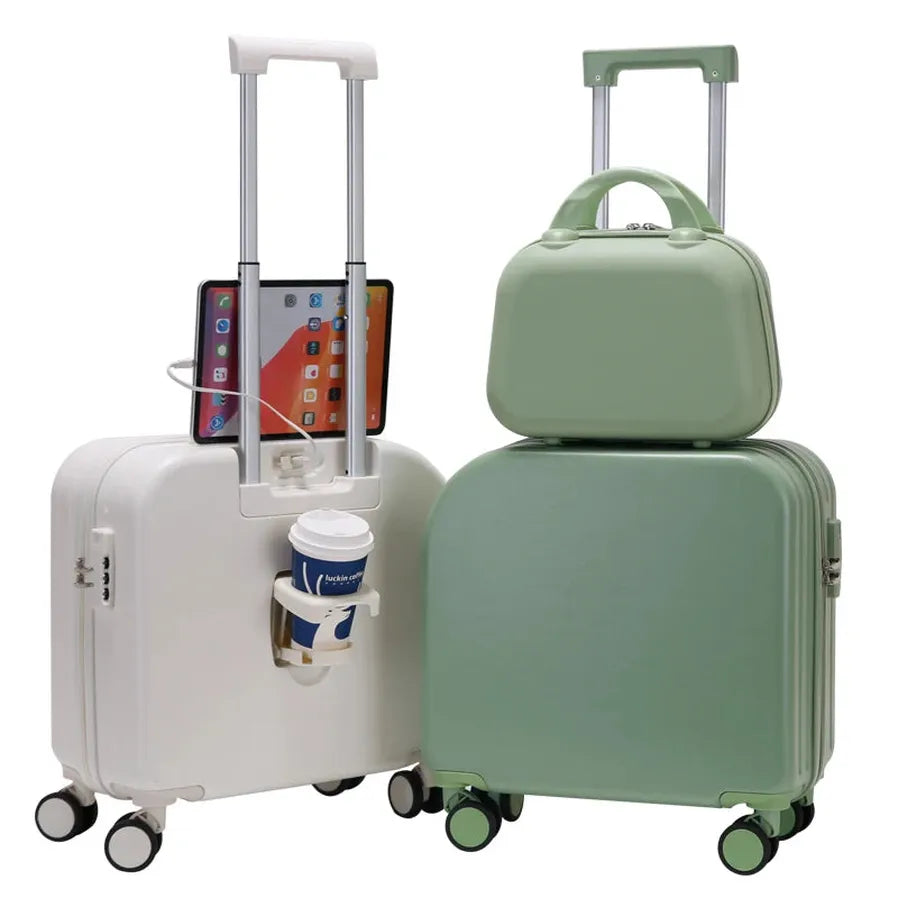 HKM-613715 Compact 18 Inch Cabin Trolley Suitcase with Side Cup Holder for Travel and Daily Use