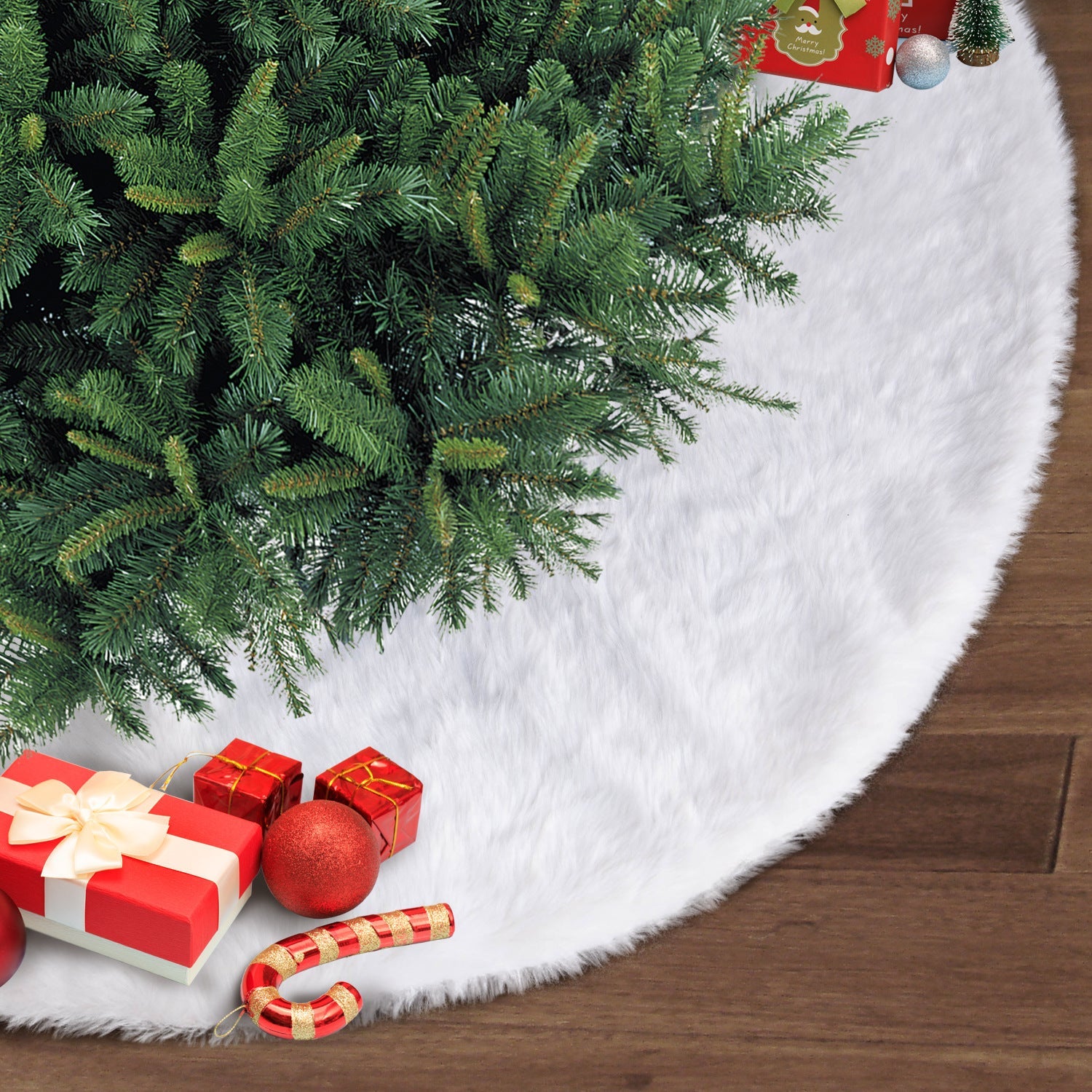 HKM-613779 Pure White Flannel Christmas Tree Skirt – 48-Inch Decorative Wool Accent
