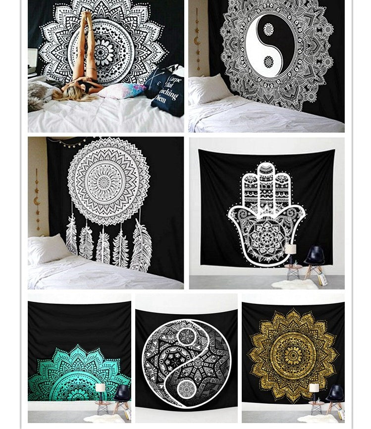 HKM-614035 Black and White Geometric Printed Tapestry - Versatile Wall Hanging, Beach Towel, and Blanket (150x150cm & 200x150cm)