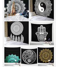 HKM-614035 Black and White Geometric Printed Tapestry - Versatile Wall Hanging, Beach Towel, and Blanket (150x150cm & 200x150cm)