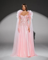 HKM-614035 Elegant Pink Evening Gown for Women - Classic A-Line Design, Perfect for Formal Occasions