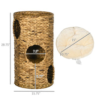 HKM-6142781 Multi-Layer Cat Tower with Three Hideaways & Plush Cushions, Hand-Woven Water Hyacinth Design