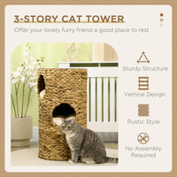 HKM-6142781 Multi-Layer Cat Tower with Three Hideaways & Plush Cushions, Hand-Woven Water Hyacinth Design