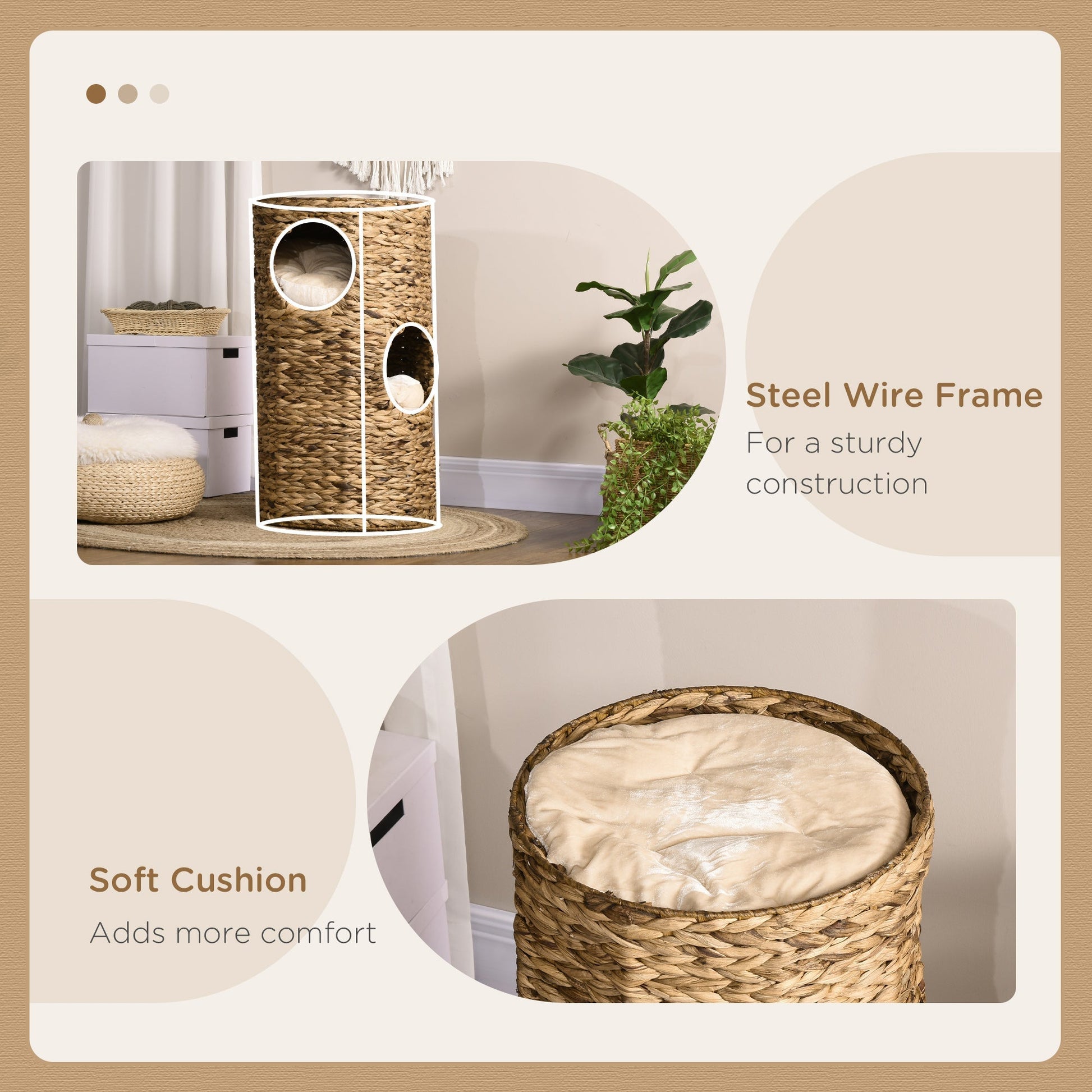 HKM-6142781 Multi-Layer Cat Tower with Three Hideaways & Plush Cushions, Hand-Woven Water Hyacinth Design