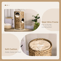 HKM-6142781 Multi-Layer Cat Tower with Three Hideaways & Plush Cushions, Hand-Woven Water Hyacinth Design
