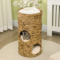 HKM-6142781 Multi-Layer Cat Tower with Three Hideaways & Plush Cushions, Hand-Woven Water Hyacinth Design
