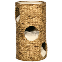 HKM-6142781 Multi-Layer Cat Tower with Three Hideaways & Plush Cushions, Hand-Woven Water Hyacinth Design
