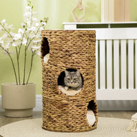 HKM-6142781 Multi-Layer Cat Tower with Three Hideaways & Plush Cushions, Hand-Woven Water Hyacinth Design