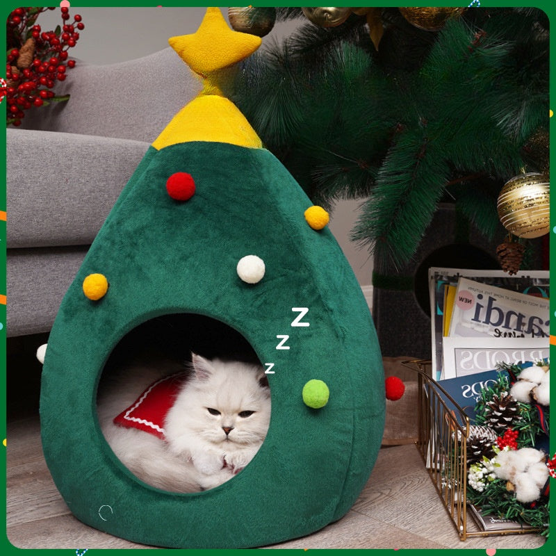 HKM-6147389 Plush Teddy Pet Bed Cave for Cats and Dogs - Detachable and Washable, Warm Tree Shape Nest