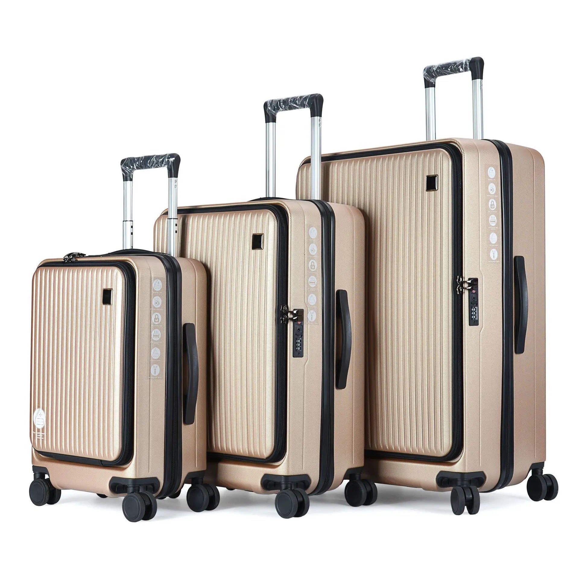 HKM-614867 Three-Piece Front Opening Laptop Travel Suitcase Set - Durable ABS PC Hard Case Luggage