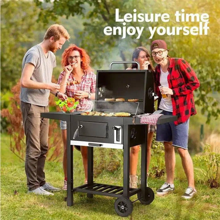 HKM-614995 Portable 3-in-1 Charcoal BBQ Grill with Double Deck Smoker for Outdoor Cooking and Camping